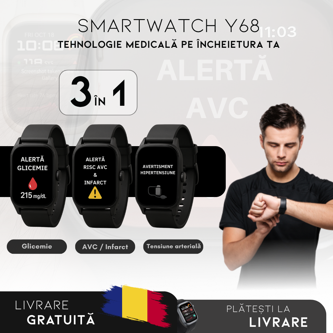 Smartwatch Y68: Monitorizare Inteligentă | Meniu în română